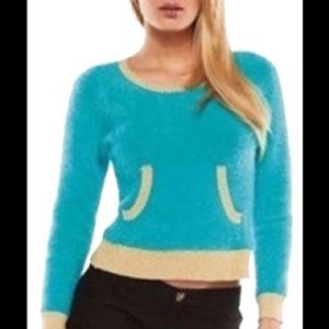 Juicy Couture Fuzzy Soft Sweater, Size Small, Teal and Gold